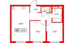 Квартира в ЖК Заречный парк, 2 комнатная, 52.86 м², 2 этаж
