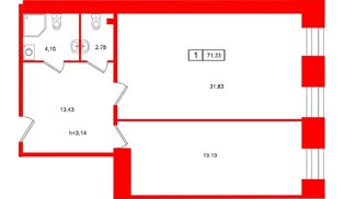 Апартаменты в ЖК «Клубный дом Лиговский,127», 1 комнатные, 71.33 м², 2 этаж