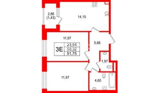 Квартира в ЖК Гранат, 2 комнатная, 51.75 м², 1 этаж