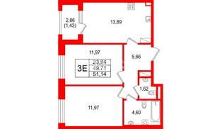 Квартира в ЖК Гранат, 2 комнатная, 51.14 м², 3 этаж
