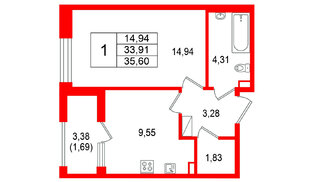 Квартира в ЖК Гранат, 1 комнатная, 35.6 м², 11 этаж