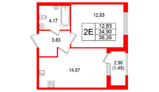 Квартира в ЖК Гранат, 1 комнатная, 36.35 м², 1 этаж