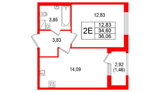 Квартира в ЖК Гранат, 1 комнатная, 36.06 м², 12 этаж