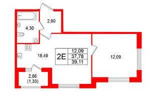 Квартира в ЖК Гранат, 1 комнатная, 39.11 м², 1 этаж