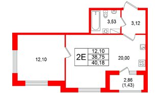 Квартира в ЖК «Гранат», 1 комнатная, 40.18 м², 11 этаж