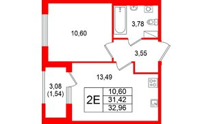 Квартира в ЖК «Гранат», 1 комнатная, 32.96 м², 2 этаж