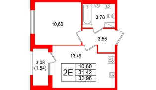 Квартира в ЖК «Гранат», 1 комнатная, 32.96 м², 3 этаж