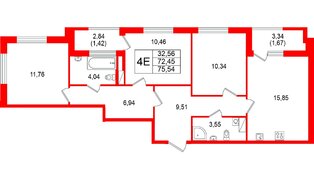 Квартира в ЖК «Гранат», 3 комнатная, 75.54 м², 5 этаж