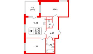 Квартира в ЖК «Гранат», 2 комнатная, 60.74 м², 7 этаж
