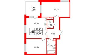 Квартира в ЖК «Гранат», 2 комнатная, 60.74 м², 8 этаж