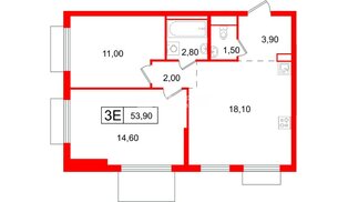 Квартира в ЖК Витебский парк, 2 комнатная, 53.9 м², 3 этаж