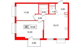 Квартира в ЖК Витебский парк, 2 комнатная, 54.8 м², 4 этаж