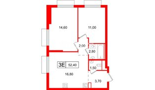 Квартира в ЖК Витебский парк, 2 комнатная, 52.4 м², 3 этаж