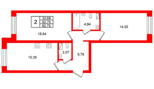 Квартира в ЖК «Остров Первых», 2 комнатная, 62.75 м², 3 этаж