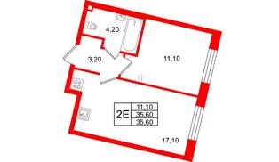 Квартира в ЖК Большая Охта, 1 комнатная, 35.6 м², 3 этаж