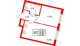Квартира в ЖК Большая Охта, 1 комнатная, 35.8 м², 4 этаж