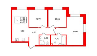 Квартира в ЖК Большая Охта, 3 комнатная, 69.8 м², 3 этаж