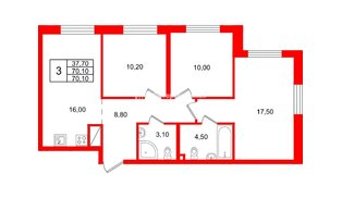 Квартира в ЖК Большая Охта, 3 комнатная, 70.1 м², 6 этаж