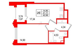 Квартира в ЖК «Ассамблея», 1 комнатная, 42.98 м², 2 этаж