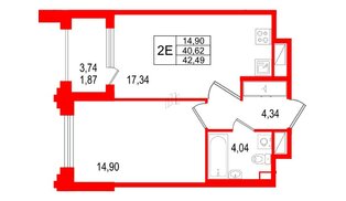 Квартира в ЖК «Ассамблея», 1 комнатная, 42.49 м², 3 этаж