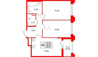 Квартира в ЖК Ассамблея, 2 комнатная, 62.61 м², 1 этаж
