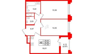 Квартира в ЖК Ассамблея, 2 комнатная, 61.93 м², 2 этаж