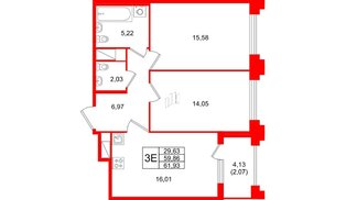 Квартира в ЖК Ассамблея, 2 комнатная, 61.93 м², 6 этаж