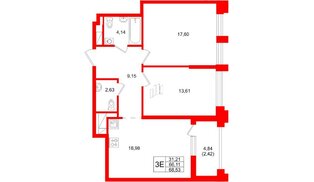 Квартира в ЖК Ассамблея, 2 комнатная, 68.53 м², 9 этаж