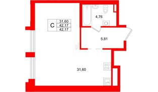 Квартира в ЖК «Ассамблея», студия, 42.17 м², 1 этаж