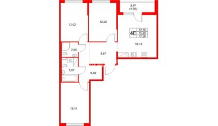 Квартира в ЖК Расцветай в Янино, 3 комнатная, 77.28 м², 4 этаж