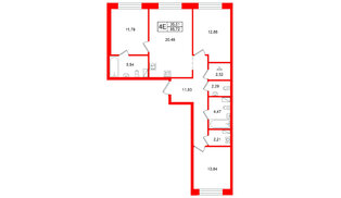 Квартира в ЖК Остров Первых, 3 комнатная, 85.72 м², 3 этаж