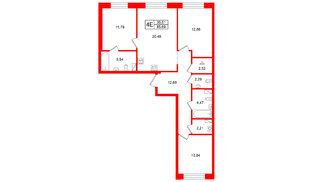 Квартира в ЖК Остров Первых, 3 комнатная, 85.69 м², 9 этаж