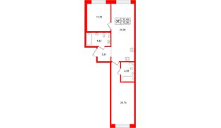 Квартира в ЖК «Остров Первых», 2 комнатная, 70.36 м², 5 этаж