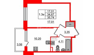 Квартира в ЖК Setl Лофт, 1 комнатная, 34.67 м², 5 этаж