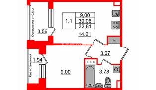Квартира в ЖК Setl Лофт, 1 комнатная, 30.06 м², 9 этаж