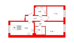 Квартира в ЖК «Пулково Lake», 2 комнатная, 53.6 м², 2 этаж