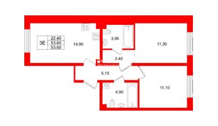 Квартира в ЖК «Пулково Lake», 2 комнатная, 53.6 м², 1 этаж