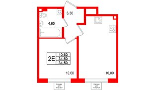 Квартира в ЖК «Пулково Лейк», 1 комнатная, 34.5 м², 2 этаж