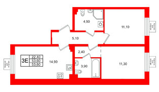 Квартира в ЖК «Пулково Lake», 2 комнатная, 53.6 м², 2 этаж