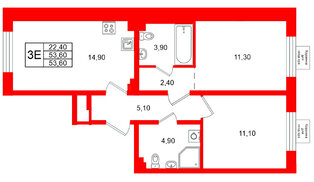 Квартира в ЖК «Пулково Lake», 2 комнатная, 53.6 м², 1 этаж