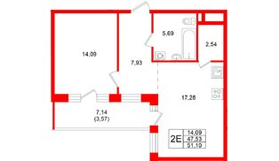 Квартира в ЖК Энфилд, 1 комнатная, 51.1 м², 2 этаж