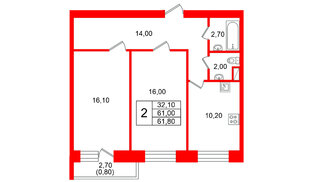 Квартира в ЖК Новый мир, 2 комнатная, 61.5 м², 6 этаж