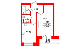 Квартира в ЖК «Новый мир», 1 комнатная, 37.1 м², 8 этаж