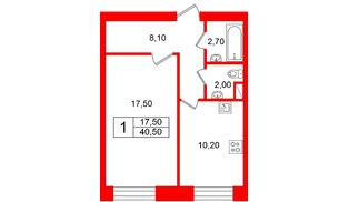 Квартира в ЖК «Новый мир», 1 комнатная, 40.7 м², 1 этаж