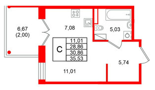Квартира в ЖК Образцовый квартал, студия, 30.86 м², 2 этаж