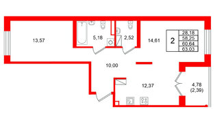 Квартира в ЖК Образцовый квартал, 2 комнатная, 60.64 м², 3 этаж