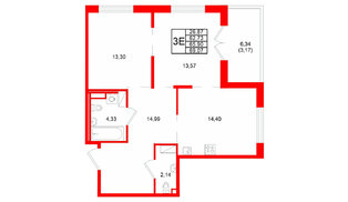 Квартира в ЖК Образцовый квартал, 2 комнатная, 65.9 м², 3 этаж