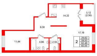Квартира в ЖК Образцовый квартал, 2 комнатная, 62.49 м², 2 этаж