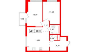 Квартира в ЖК Витебский парк, 2 комнатная, 52.9 м², 5 этаж