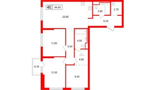 Квартира в ЖК Витебский парк, 3 комнатная, 84.8 м², 3 этаж